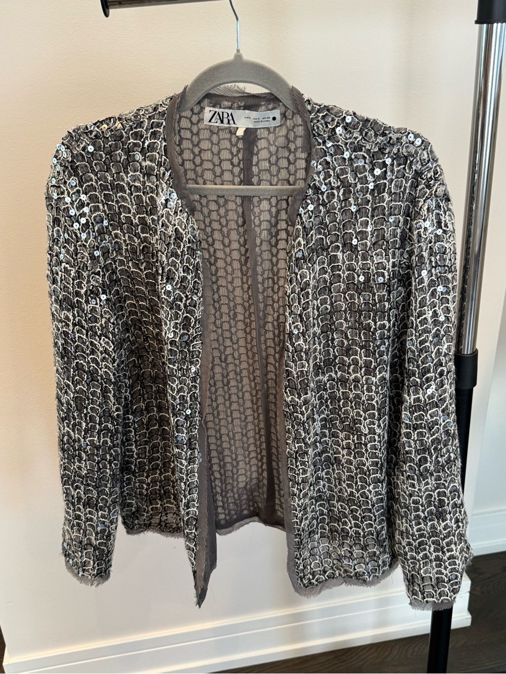 Zara Silver-Gray Sequin Open Cardigan Jacket